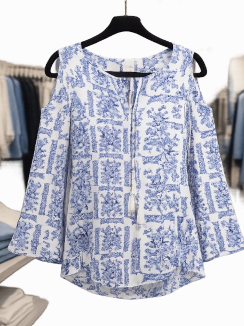 Women's Blue & White Floral Cold-Shoulder Blouse